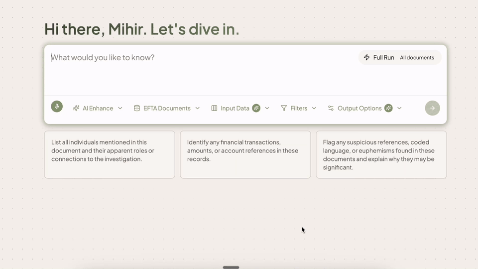 Epstein Files search interface demo showing query input and document reasoning